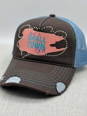 Women's "Just a Small Town Girl" Rhinestone Distressed Trucker Cap